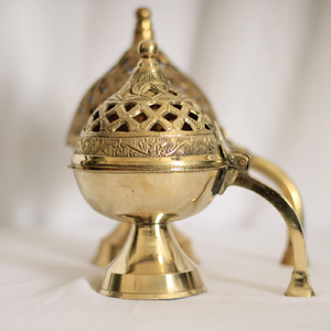 Modern antique finish brass dhoop incense <b>burner</b> bowl holder with wooden <b>side</b> handle for pooja, available at wholesale prices. - Product Image 2