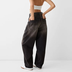 Jean décontracté unisexe à jambe large, coupe droite, délavé moyen, taille mi-haute, en denim tricoté, style streetwear, vente en gros OEM ODM - Product Image 2