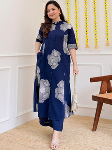 Conjunto de Kurta Tradicional de Algodón Azul Marino Estampado de Secado Rápido para Mujer, Corte Regular, Ropa Casual Étnica de India y Pakistán - Product Image 3