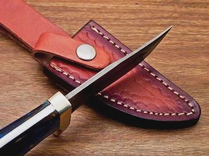 Drop Point Skinner Knife Damascus Steel Blade 0.6mm Blue Handle <b>Leather</b> Sheath Outdoor <b>Tool</b> - Product Image 3