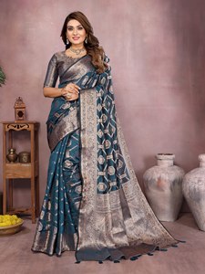 Heritage Soft Organza Silk Ethnic Saree With Woven Butti Pattern Gold Zari Border Unstitched Blouse Regional Clothing - Product Image 5