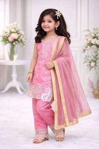 Girls Pink Embroidered Silk Salwar Kameez Set with Dupatta Traditional <b>Wedding</b> & Party Wear Indian Pakistani Clothing for Kids - Product Image 1