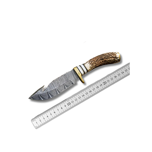 Cuchillo de caza de hoja fija de acero de Damasco hecho a mano PAK ENTERPRISES con mango de asta de ciervo y gancho para tripas, para camping al aire libre, OEM industrial - Product Image 4