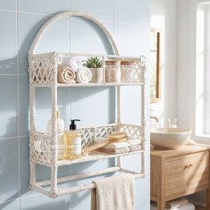 White Rattan Woven Rectangle Wall <b>Shelf</b> <b>Storage</b> <b>Basket</b> 2-Tier Hanging Bathroom Organizer Rack - Product Image 3