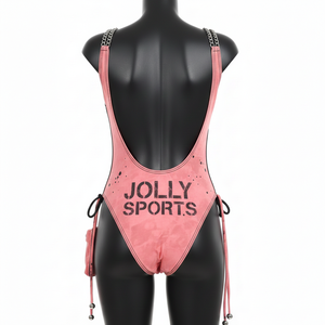 Ensemble de maillot de bain une pièce de luxe en nylon élasthanne 220 GSM rose avec poche latérale à nouer réglable et logo personnalisé - Product Image 4