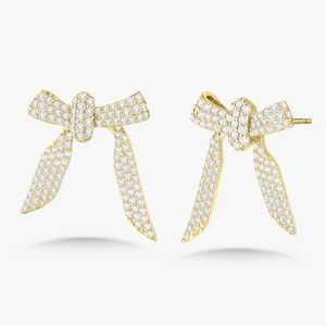 Boucles d'oreilles clous nœud ruban diamant en or massif 14K 18K, serties de diamants de laboratoire taille ronde pavé, fermoir poussoir, bijoux de luxe mobiles et élégants - Product Image 1