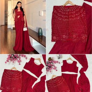 Karva Chauth Chinon Silk Floor-Length Jacket Koti Lehenga Saree Set Zari Thread Embroidery Ready Wear Blouse Festive Party Wear - Product Image 4
