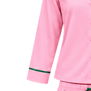 Women's Pink Pajama Set with Green Piping and AKA Embroidery <b>Long</b> Sleeve Button Front Top Matching Drawstring Pants Sleepwear - Product Image 3