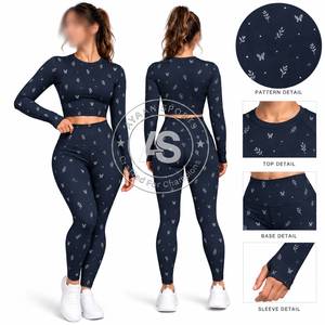 Women's 2 Piece Yoga Set <b>Navy</b> Blue Floral Print Long Sleeve <b>Crop</b> Top High Waist Full Length <b>Leggings</b> Four-Way Stretch - Product Image 2