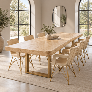 Table à manger en teck massif naturel, bord brut, style européen, finition brillante, pieds en métal, assemblée, 6 places, pour maison, hôtel, villa - Product Image 5