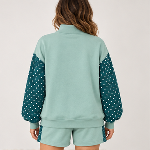 Women's Mint Polka Sleeve Fleece Mock Neck 2-Piece <b>Shorts</b> <b>Set</b> Drop Shoulder Sweatshirt Matching <b>Shorts</b> Custom Wholesale - Product Image 2