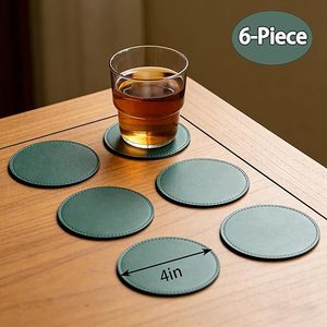 6 Pcs Handmade Leather <b>Coaster</b> Set with Holder, 4 Inch Thickened Heat-Resistant placemats, <b>Coasters</b> <b>for</b> <b>Drinks</b>, Green Luxurious - Product Image 2