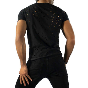 เสื้อยืดสไตล์ดิสเทรส ขาดรุ่ย แต่งรู ทรงสตรีทแวร์ คอกลม แขนสั้น เป็นมิตรต่อสิ่งแวดล้อม สวมใส่สบาย ตกแต่งด้านหน้าได้ตามต้องการ สำหรับผู้ชาย ผ้าฝ้าย 100% - Product Image 3