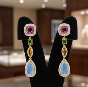 Boucles d'oreilles arc-en-ciel pour mariage, améthyste bleue, pierres précieuses vertes, jaunes et blanches, bijoux en argent 925, boucles d'oreilles pour soirée - Product Image 1