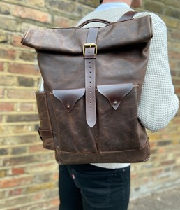 Refined Leather Roll Top Backpack Genuine Cowhide Travel Rucksack Mens Laptop <b>Bag</b> Minimalist Office <b>Pack</b> LTBP-0143 - Product Image 2