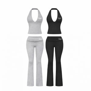 Conjunto de Dos Piezas para Mujer, Top Corto con Cuello Halter y Pantalones Acampanados, Elástico, para Yoga o Descanso - Product Image 2