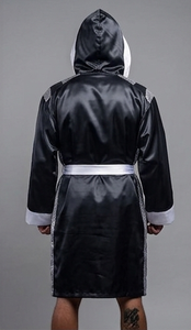 HAWK SPORTS INDUSTRIES Plavok Robe de boxe noire et blanche en satin polyester durable, confortable pour l'entraînement en arts martiaux, toutes saisons - Product Image 2