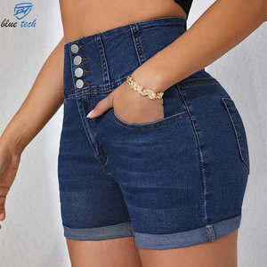 Shorts de Mezclilla para Mujer, Cintura Alta, Elásticos, Moda Verano, Casuales, Azules, con Ribete de Encaje, Desgastados, OEM - Product Image 4