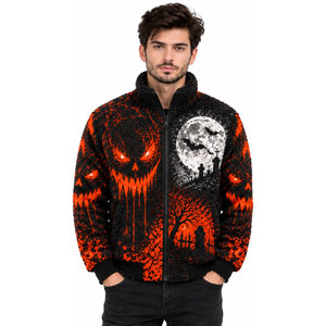 <b>Men's</b> <b>Gothic</b> Sherpa Fleece <b>Jacket</b> Halloween 3D Print Zipper Stand Collar Windproof Winter Warm Coat Orange Black Design - Product Image 4