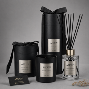 ชุดของขวัญน้ำหอมปรับอากาศ AIKUN รุ่น Luxury Matte Black พร้อมเทียนหอมและริบบิ้น บรรจุภัณฑ์ทรงกระบอก เหมาะสำหรับโรงแรม บ้าน และขายส่ง - Product Image 1