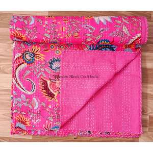 Couvre-lit Kantha imprimé paon fait main du Rajasthan, vintage, écologique, toutes saisons, double taille, 100% coton biologique - Product Image 5