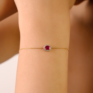 Bracelet minimaliste en or jaune 14 carats avec halo de pierres uniques en rubis véritable et diamant, pierre de naissance de juillet, cadeau d'anniversaire, bijoux à prix avantageux - Product Image 4