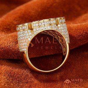 14K,18k Yellow Gold Men's <b>Iced</b> Out Cross <b>Ring</b> | VVS Moissanite Baguette & Round Pave Signet <b>Ring</b> | Hip Hop Statement Jewellery - Product Image 3