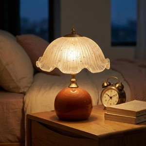 Hollywood Glam Ceramic <b>Table</b> <b>Lamp</b> With Gold-Plated Base And Ruffled <b>Glass</b> Shade Round Design For Indoor Lighting - Product Image 4