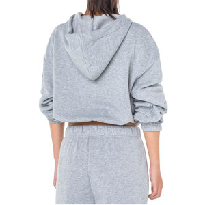 Sports <b>Women</b>’s Velour Cropped <b>Zip</b> <b>Black</b> <b>Hoodie</b> Drop Shoulder Long Sleeves With Ribbed Cuffs Two Front Pouch Pockets - Product Image 3