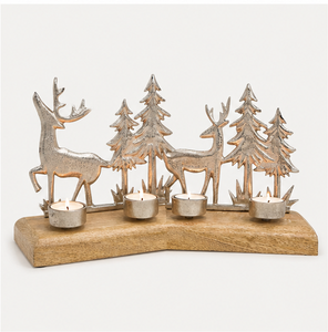 Portavelas de Aluminio Plateado Hecho a Mano con Forma de Reno y Árbol de Navidad, Base de Madera de Mango Natural, Soporte para 4 Velas de Té, para Decoración Festiva - Product Image 5