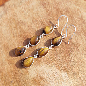 Pendientes Colgantes de Ojo de Tigre Natural, Estilo Bohemio, Hechos a Mano, Chapados en Plata, con Piedras Preciosas, Diseño Único de Alta Calidad para Mujer - Product Image 3
