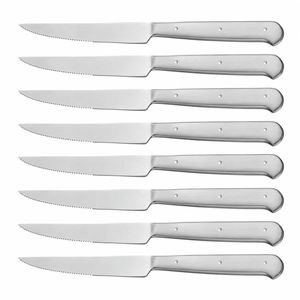 Ensemble de 8 couteaux à steak en argent avec lames dentelées et manches argentés rivetés dans une boîte de présentation noire pour une utilisation sur la table à manger - Product Image 1