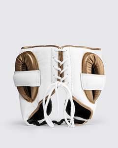 Fly Boxing Full Face Head Guard White Gold Leather Lace Up Closure Protective Gear <b>for</b> Adults Unisex Universal Style - Product Image 6