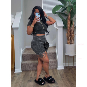 Women's Acid Wash Sets High-Waisted O-Neck Casual Fashionable Summer Polyester Above <b>Knee</b> Length Skinny Fit Workout washed Sets - Product Image 3