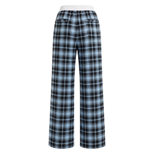 Pantalones de estar por casa de pierna ancha a cuadros azules para mujer, cintura media, cintura elástica, cordón, bolsillos laterales, ropa de dormir informal de algodón, ropa para estar en casa - Product Image 2