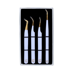 Ensemble de 4 pinces à cils en acier inoxydable durables et réutilisables, pointe en fibre incurvée, pour extensions de cils volumineux, outil de beauté, logo personnalisé - Product Image 3
