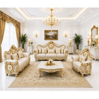 Juego de Muebles de Lujo para Sala de Estar, Inspirado en Palacios, Tallado Moderno en Madera de Teca, con Sofá y Mesa de Centro en Blanco Dorado Premium
