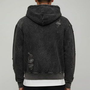 Men's Stonewashed Cotton <b>Zip</b>-Up <b>Hoodie</b> Oversized Streetwear Distressed <b>Pocket</b> Front Logo Custom Pattern 3D Embroidery - Product Image 6