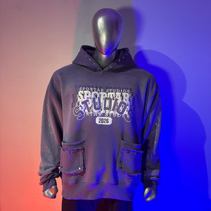 Sweat à capuche décontracté pour homme, personnalisé OEM, en molleton 400 GSM, effet délavé soleil, imprimé en relief, avec strass vieillis et manches longues - Product Image 4