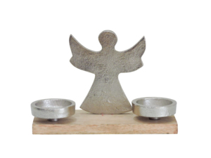 Porte-bougie décoratif en aluminium en forme d'ange avec base en bois, centre de table de Noël, décoration de fête - Product Image 4