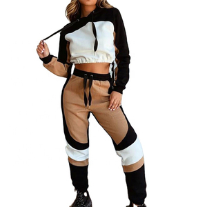 Conjunto de Sudadera Corta con Bloques de Color y Pantalones Jogger para Mujer, Chándal Casual de Forro Polar, Fabricante Mayorista OEM ODM de Marca Privada - Product Image 1