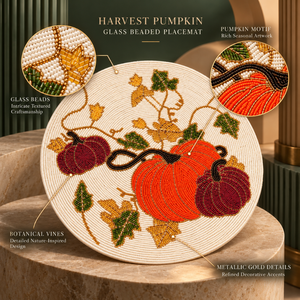 Harvest Pumpkin <b>Glass</b> Beaded Placemat Autumn Vines Gold Details | Modern Seasonal <b>Table</b> <b>Mat</b> Fall Dining Decor Durable Heat - Product Image 5