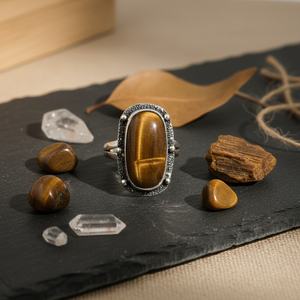 แหวนไทเกอร์อายโบฮีเมียนทรงคุชชั่น งานแฮนด์เมด ชุบเงิน ดีไซน์โดดเด่น ประดับพลอย สำหรับผู้หญิง สวมใส่ได้ทุกวัน - Product Image 1