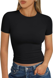 Solid Color <b>Short</b> <b>Sleeve</b> <b>Crop</b> <b>Top</b> O-Neck Slim Fit Casual T-Shirt for Women 100% Cotton Jersey Knitted <b>Black</b> by SHAHI IMPEX - Product Image 2