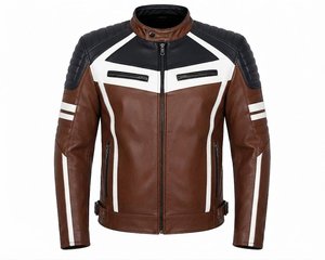 Blouson moto en cuir véritable pour homme, marron, blanc et noir, style color block, col montant, fermeture éclair, coupe classique, style automne - Product Image 1