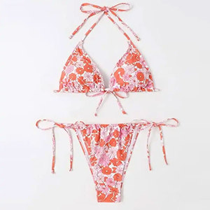 Women Floral Print Bikini Set <b>Crossed</b> Halter Tie Side Two Piece Spandex Polyester Stretch Regular Fit - Product Image 2