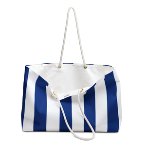 Navy Blue White Stripe Rope Handle Weekender <b>Bag</b> Coastal Beach Tote Large Capacity Travel Overnight Carryall Womens Handbag - Product Image 3