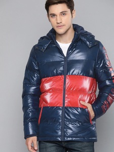 Men's Hooded Puffer Jacket Color Blocking PU Windproof Zipper Front Slim Fit Streetwear Winter Coat Red Blue Black - Product Image 6