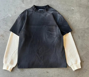 Camiseta de Manga Larga Oversize para Hombre, Negra y Blanca, con Contraste de Color, Cuello Redondo, Estilo Casual Urbano, Diseño de Bloques de Color Sólido - Product Image 2