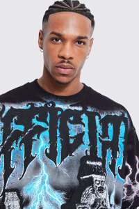 T-shirt noir à manches courtes pour hommes avec imprimé éclair bleu et motif graphique « Worldwide Tour » sur le devant, haut décontracté d'été - Product Image 3